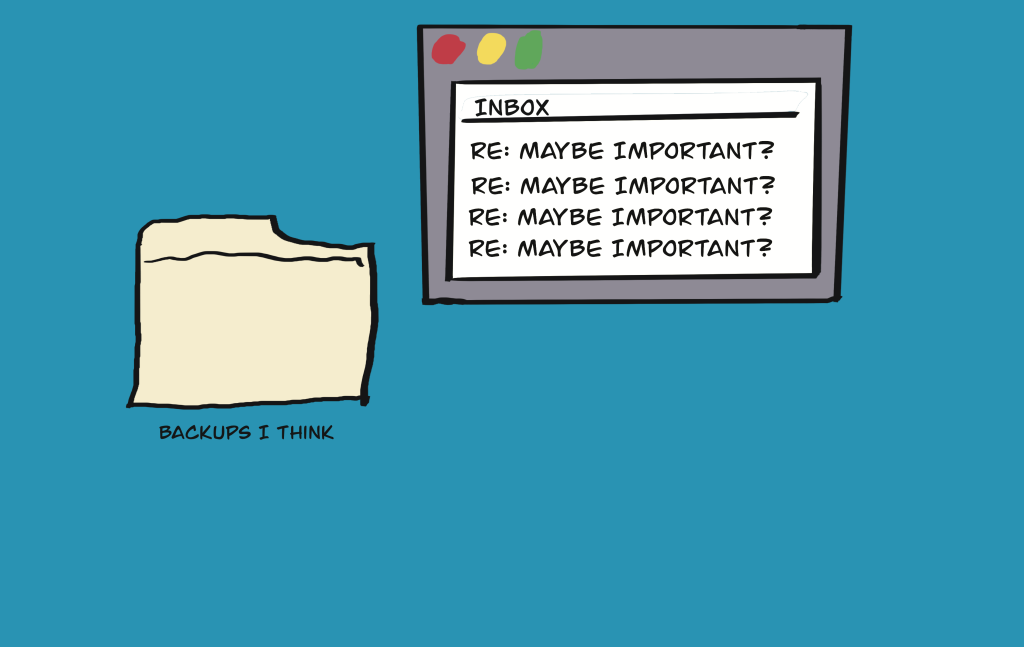 Ineffective data backups system showing multiple 'MAYBE IMPORTANT?' emails in an inbox and a loosely organized 'BACKUPS I THINK' folder, illustrating poor business backup practices that risk data loss and compromise security standards for small businesses.