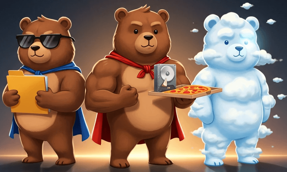 Image explaining the 'three copies' aspect of the 3-2-1 data backup strategy. A brown bear with a folder represents the primary data. A second brown bear with a hard drive and pizza illustrates a local backup for quick recovery. A white, ethereal bear symbolizes the cloud backup, providing an offsite copy for protection against local disasters, a key component of the 3-2-1 rule.