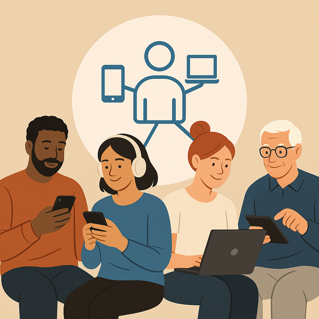 Illustration showing human-centered design in action: four diverse individuals using technology comfortably and intuitively, including a tablet, laptop, and mobile devices, in a welcoming, inclusive digital environment.