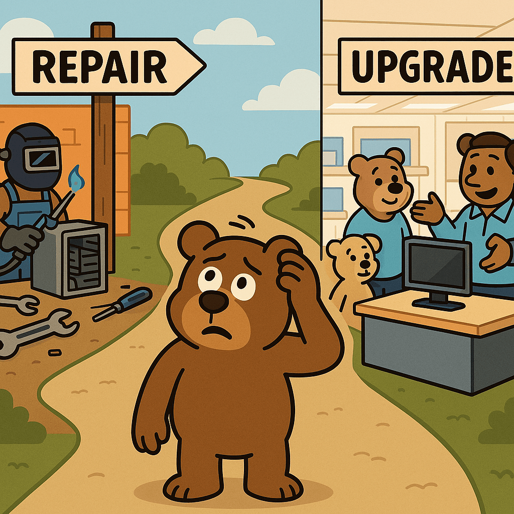 A cartoon bear stands at a crossroads, looking confused. One path, labeled “Repair,” shows a technician bear with tools, and the other, labeled “Upgrade,” features a tech store scene with a salesperson bear assisting customers; the illustration represents the decision to upgrade or repair technology.
