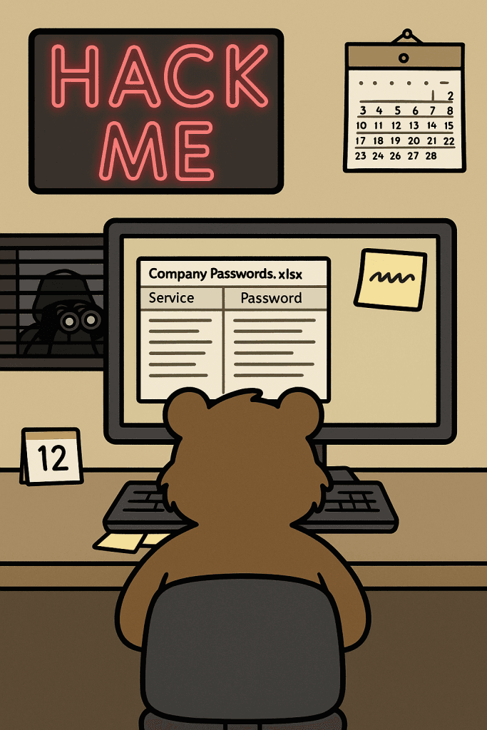 Cartoon illustration of a bear office worker seen from behind at a desk, surrounded by classic password security fail elements: a sticky note with scribbled text on the monitor, an open “Company Passwords.xlsx” spreadsheet, a blinking neon “HACK ME” sign, visible sticky notes under the keyboard, and a shadowy figure spying through window blinds with binoculars.
