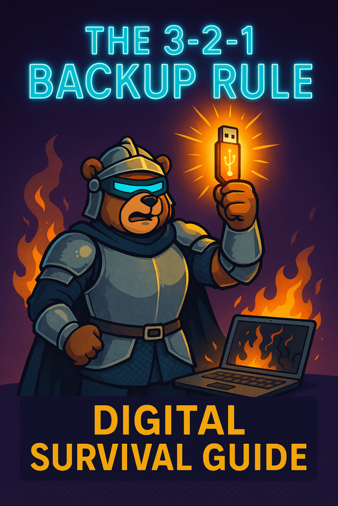 A cartoon bear knight in armor holding a glowing USB drive stands heroically beside a burning laptop. Above in bright neon blue text reads 'THE 3-2-1 BACKUP RULE' with 'DIGITAL SURVIVAL GUIDE' in gold text below. The image illustrates the importance of the 3-2-1 backup rule for data protection against digital disasters.