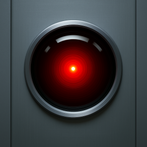 Close-up of a glowing red AI camera lens in a futuristic interface, inspired by HAL-9000, symbolizing the need for strong oversight and human control in AI safety practices.