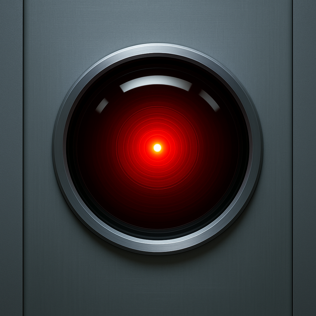 Close-up of a glowing red AI camera lens in a futuristic interface, inspired by HAL-9000, symbolizing the need for strong oversight and human control in AI safety practices.