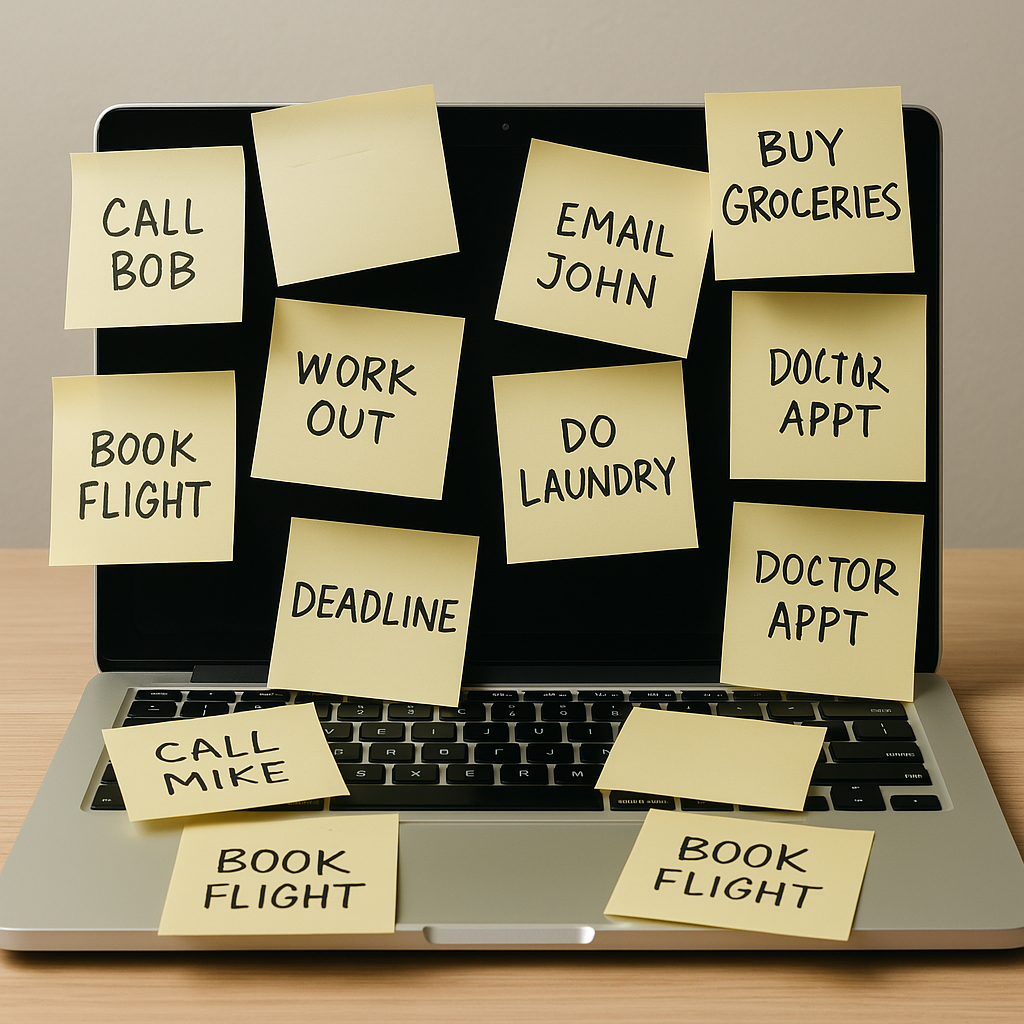 An overloaded monitor with post-its captures the frustration of failed reminder systems—exactly what effective task reminders are designed to fix.