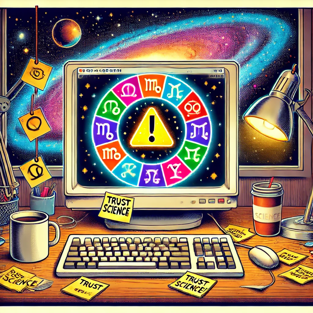 Cartoon of a computer showing zodiac signs and a warning triangle, satirizing superstition in ransomware protection.