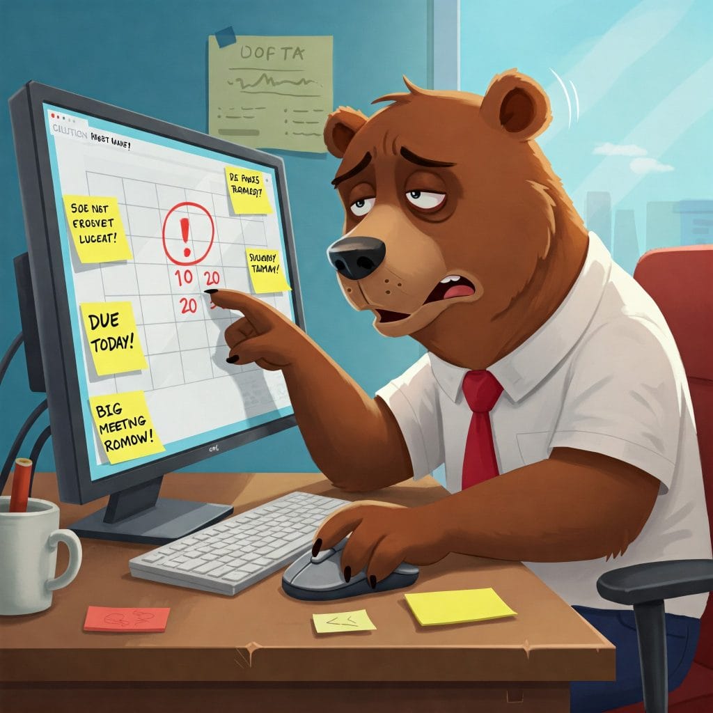 A cartoon illustration depicts a frazzled office worker bear laboriously using a mouse and navigating menus. Sticky notes reading "DUE TODAY!" and "BIG MEETING TOMORROW!" are plastered on the monitor, highlighting the pressure before discovering the power of keyboard shortcuts and time-saving shortcuts for improved productivity.