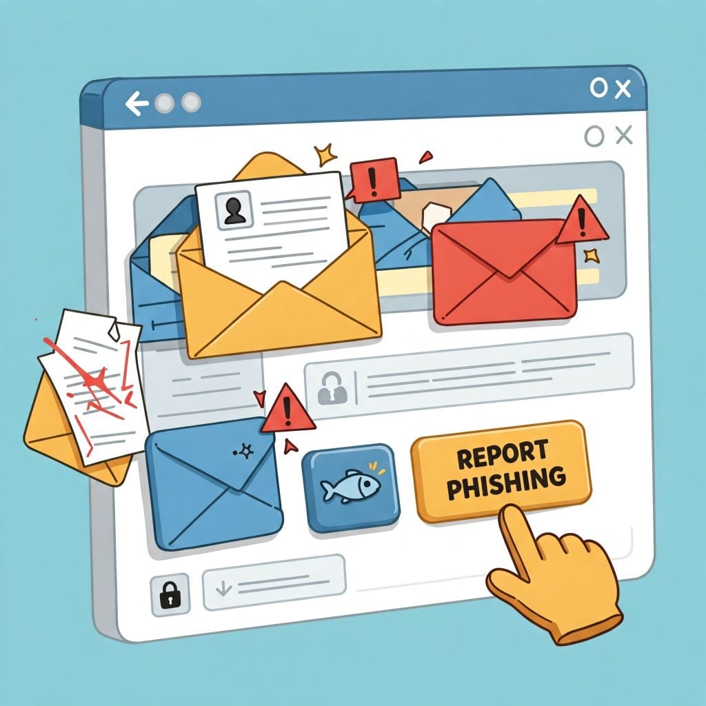Cartoon email inbox with red-flagged suspicious emails and a "report phishing" button, highlighting a key aspect of ransomware protection.