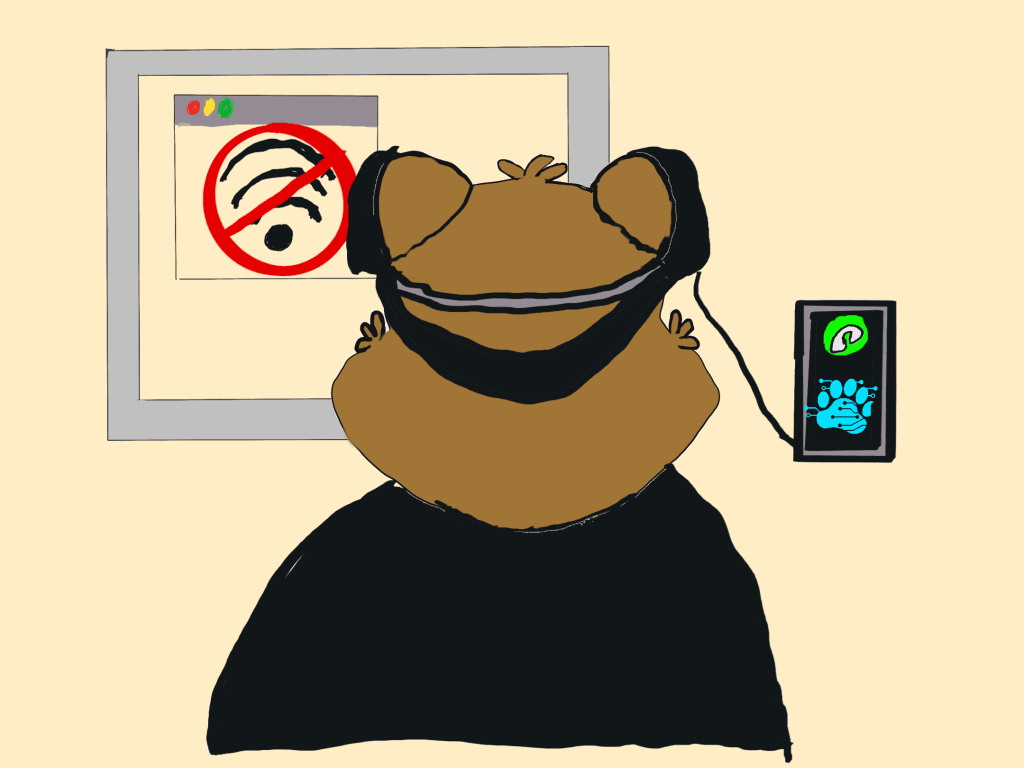 A cartoon drawing shows a brown bear wearing headphones, facing away from the viewer and looking at a computer screen. On the screen, a website window displays a white circle with black Wi-Fi signal waves inside, overlaid with a red circle and a diagonal red line, indicating "no Wi-Fi." To the right of the bear is a cellular phone with a green circle displayed on the screen, next to a blue paw print icon, indicating an active phone call with Gymnarctos Studios (represented by the paw print). This depicts the bear contacting Gymnarctos Studios for help with their Wi-Fi connection.