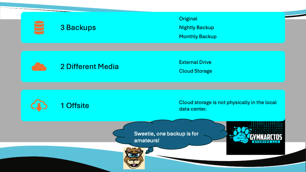 Visual breakdown of the 3-2-1 backup rule. The infographic uses teal rectangles to illustrate the three key components. First, "3 Backups" are recommended, including the original, a nightly backup, and a monthly backup. Second, these backups should be on "2 Different Media," such as an external drive and cloud storage. Third, "1 Offsite" backup is crucial, with the explanation that cloud storage serves this purpose by being located outside the local data center. A cartoon bear at the bottom adds a humorous remark about the inadequacy of a single backup. A studio logo is also present in the corner.