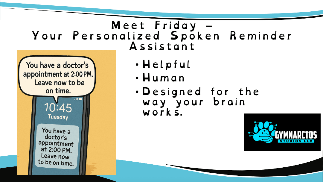 Cartoon of a phone running the Friday app displaying and speaking a reminder