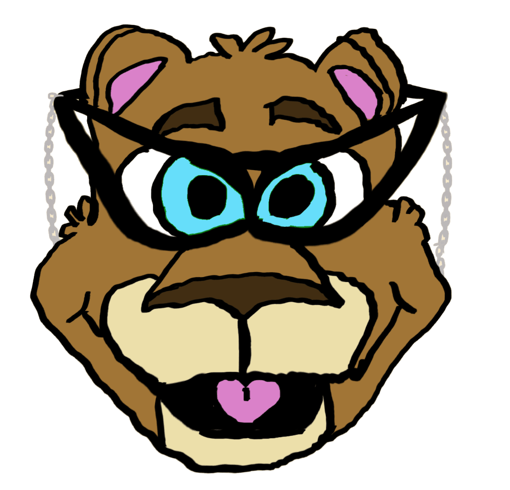 Closeup of Techbear, a cartoon bear wearing cat-eye glasses.