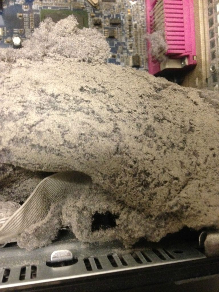 xtreme close-up of a dense mat of dust and debris inside a computer case. This illustrates the importance of regular cleaning to prevent buildup and overheating
