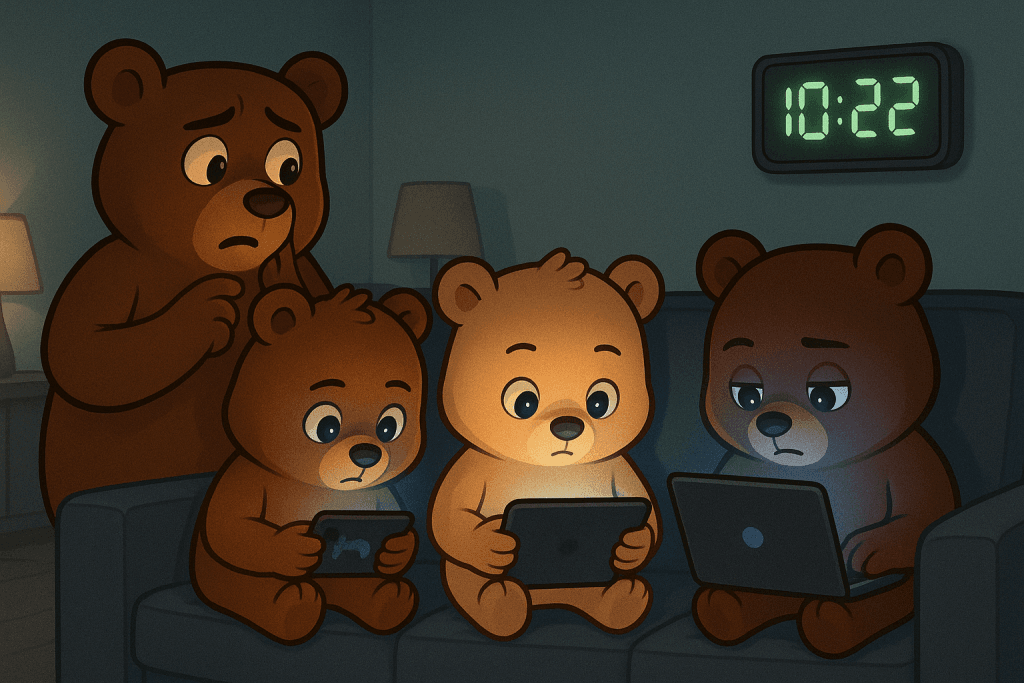 A worried parent bear looks at a clock while three cubs are absorbed in glowing devices, illustrating screen time issues.