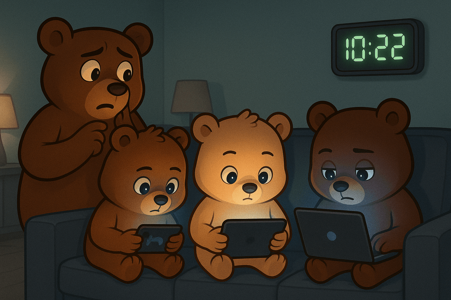 A worried parent bear looks at a clock while three cubs are absorbed in glowing devices, illustrating screen time issues.
