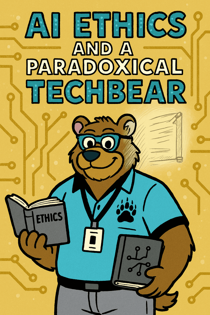 Meet TechBear, your paradoxically ethical AI mascot! This illustration for the "AI Ethics and a Paradoxical Techbear" article dives into AI content creation, the oh-so-important ethical use of AI, and how us solopreneurs can team up with our silicon sidekicks.