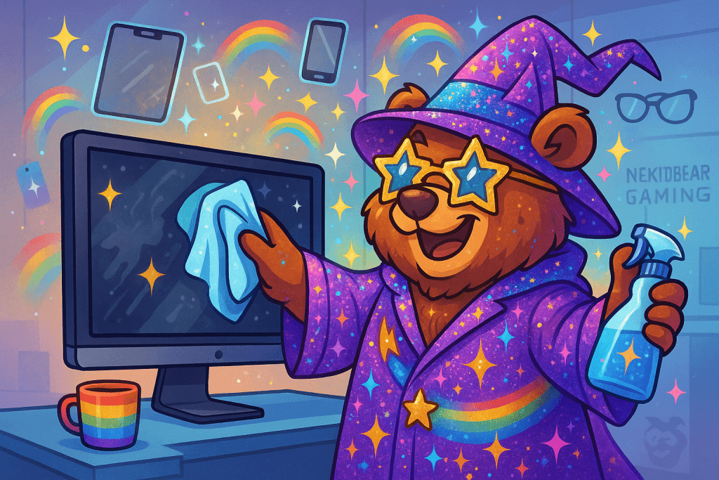 TechBear in his signature off-duty wizard hat and starry housecoat cleaning a computer monitor in a colorful, rainbow-filled office—an illustrated reminder of proper screen maintenance for small business tech users.