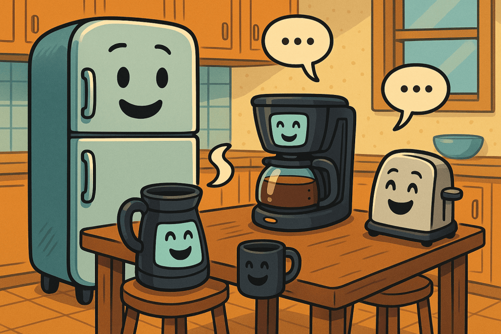 An anthropomorphic refrigerator, coffee pot, and toaster sitting around a kitchen table, engaged in a lively conversation, each with expressive digital faces and speech bubbles displaying humorous dialogues.