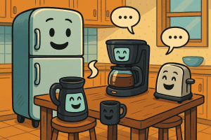 An anthropomorphic refrigerator, coffee pot, and toaster sitting around a kitchen table, engaged in a lively conversation, each with expressive digital faces and speech bubbles displaying humorous dialogues.