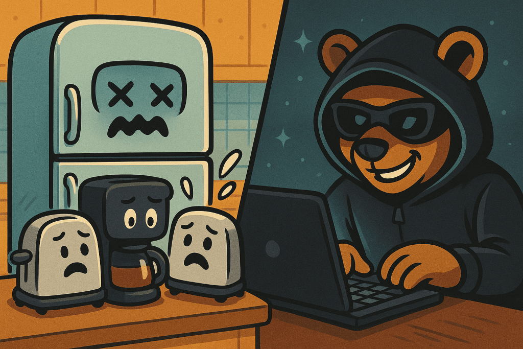Comic-style split panel illustration. On the left, a smart fridge shows a zombified digital face as nearby smart devices—a coffee maker and toaster—look frightened. On the right, a cartoon bear in a cybercriminal disguise hacks into the fridge with a laptop. The scene highlights risks of hacking in a humorous way, emphasizing the need for security on smart home devices.