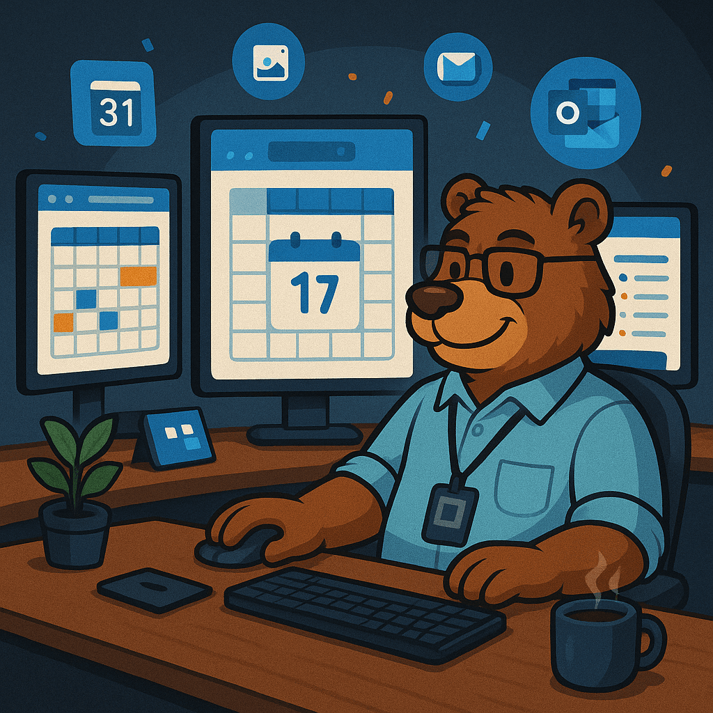 Anthropomorphic bear in a tech-themed control center managing calendar apps on multiple monitors, representing how to master your calendar using a personal command center setup for efficient time management.