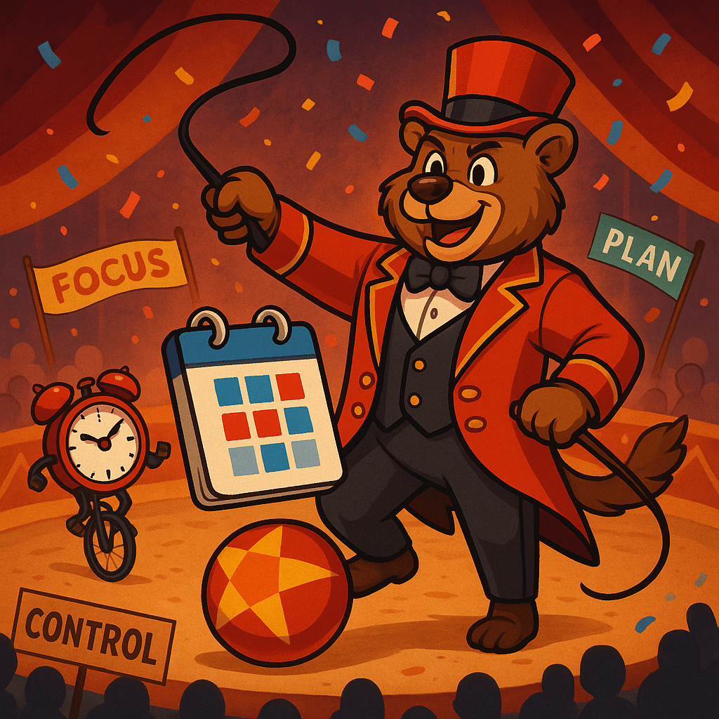 Cartoon illustration of TechBear as a circus ringmaster cracking a whip while a calendar balances on a ball, symbolizing how you can master your calendar with calendaring apps as your personal command center