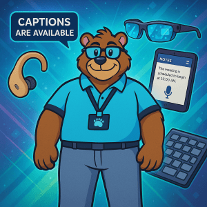 TechBear, the Gymnarctos Studios mascot, stands confidently surrounded by assistive technology tools like AR glasses, a hearing aid, voice-controlled tablet, and adaptive keyboard, promoting universal design, voice control, smart home features, and screen reader accessibility.