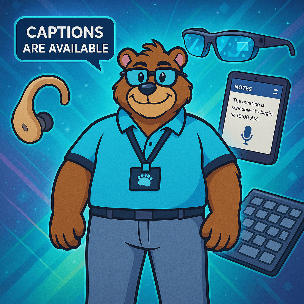 TechBear, the Gymnarctos Studios mascot, stands confidently surrounded by assistive technology tools like AR glasses, a hearing aid, voice-controlled tablet, and adaptive keyboard, promoting universal design, voice control, smart home features, and screen reader accessibility.