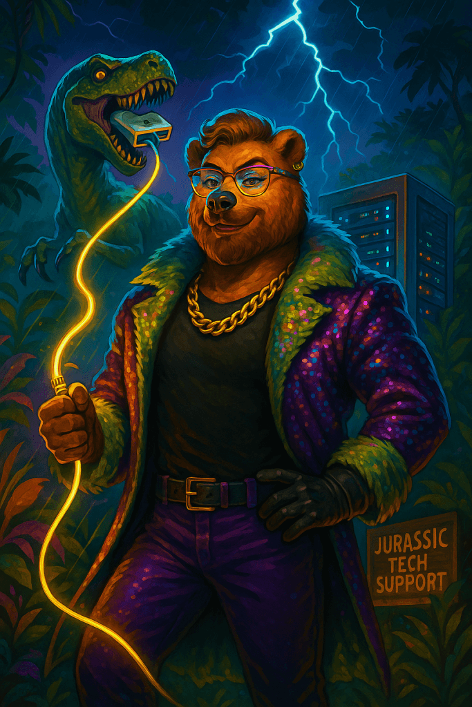 TechBear wearing a sequined jacket holding an ethernet cable with a T-Rex in the jungle setting for a Friday Funday story from Gymnarctos Studios