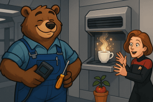 TechBear, a friendly bear in overalls, stands proudly next to Captain Janeway, who looks thrilled as a steaming cup of coffee materializes from the replicator bay in her wall. TechBear has clearly resolved a major coffee crisis and replicator malfunction on the starship, fixing the urgent service ticket that averted a cosmic breakroom disaster.