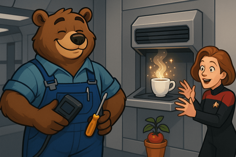 TechBear, a friendly bear in overalls, stands proudly next to Captain Janeway, who looks thrilled as a steaming cup of coffee materializes from the replicator bay in her wall. TechBear has clearly resolved a major coffee crisis and replicator malfunction on the starship, fixing the urgent service ticket that averted a cosmic breakroom disaster.