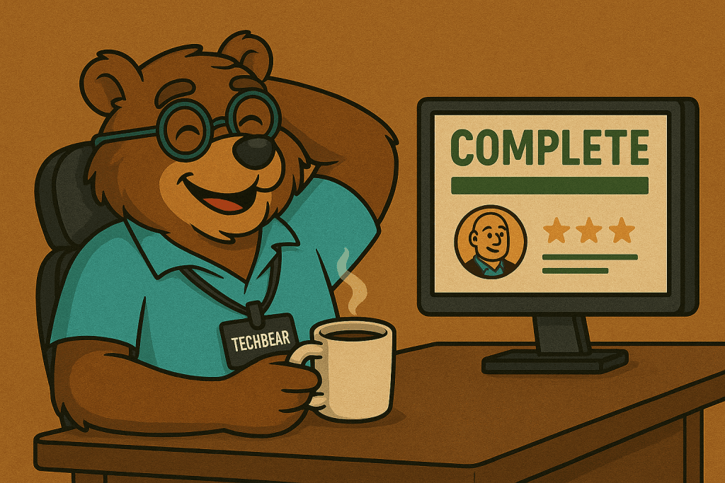 Cartoon bear character TechBear relaxing with coffee after achieving a complete workflow using must-have mobile reminders and a visual organizer.