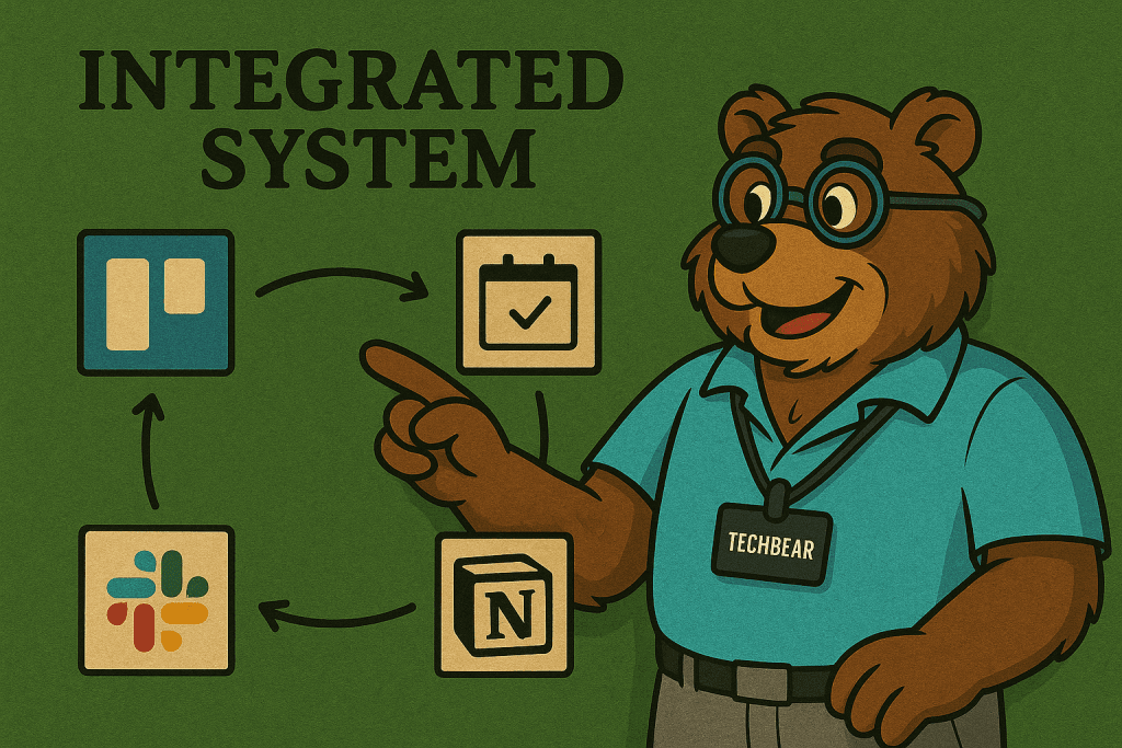 TechBear explaining an integrated system using easy visual organizers like Trello and Notion with mobile reminders.