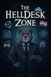 TechBear dressed as a Rod-Serling type character in a suit with gaming controller - The HellDesk Zone tech support blog illustration
