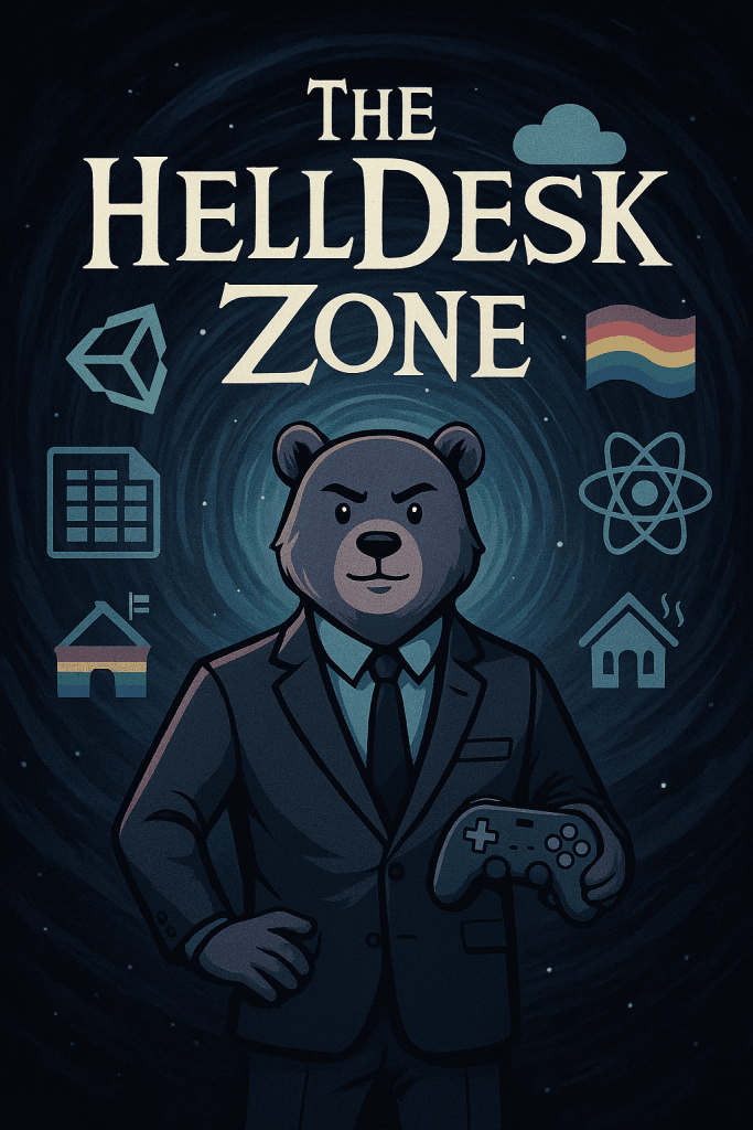TechBear dressed as a Rod-Serling type character in a suit with gaming controller - The HellDesk Zone tech support blog illustration