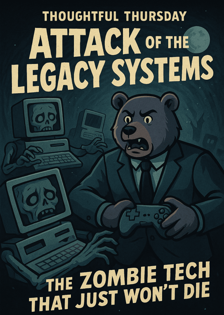 Movie-style poster for "Attack of the Legacy Systems--The Zombie Tech That Just Wouldn't Die". A horrified TechBear, in a Rod-Serling-esque suit, is surrounded by old desktop computers with skulls on their monitors, symbolizing tech debt, outdated technology, and lack of system maintenance.