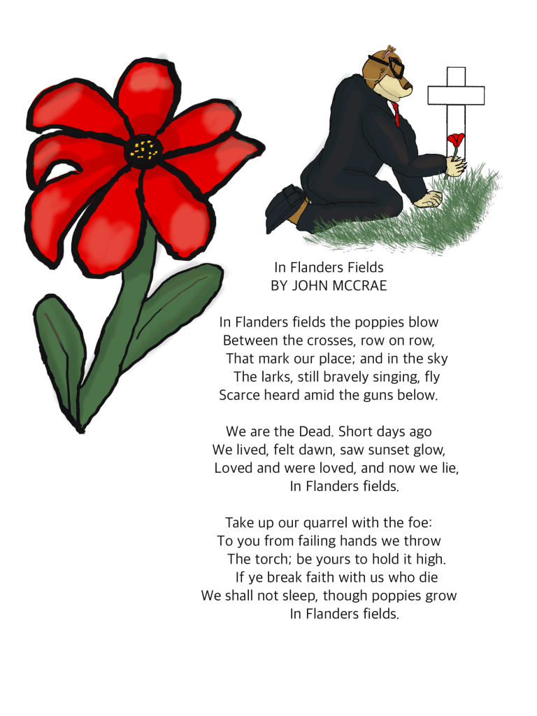 A Memorial Day illustration depicting the TechBear character, dressed in a suit, solemnly kneeling and laying a red poppy at one of the white grave crosses in Flanders Fields. The full text of John McCrae's 'In Flanders Fields' poem is included.