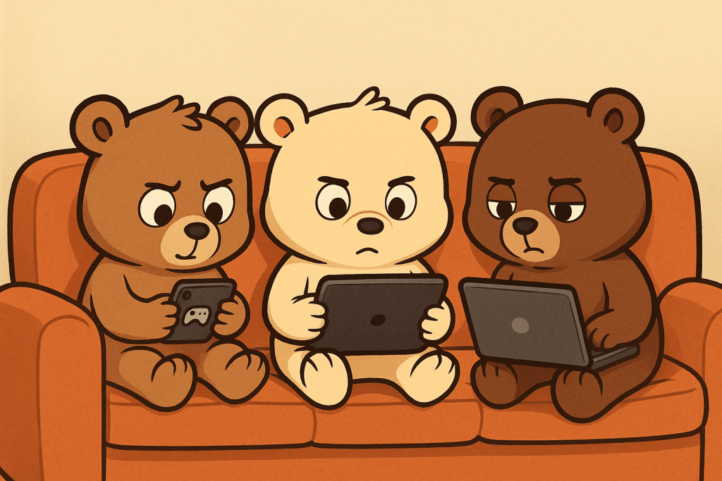 Three cartoon bear cubs intensely focused on a phone, tablet, and laptop, symbolizing screen time management challenges.