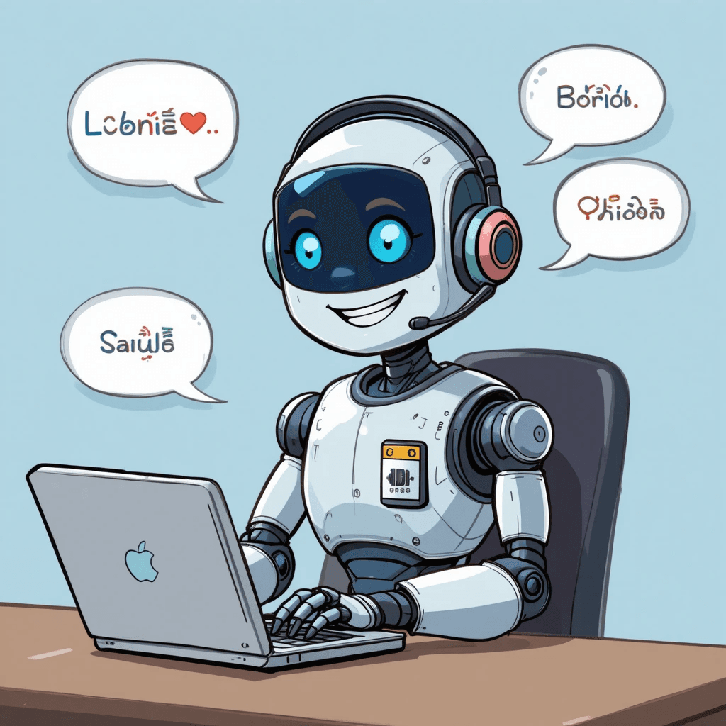 Cartoon AI robot translating live conversations — AI tools for customer support and language translation.