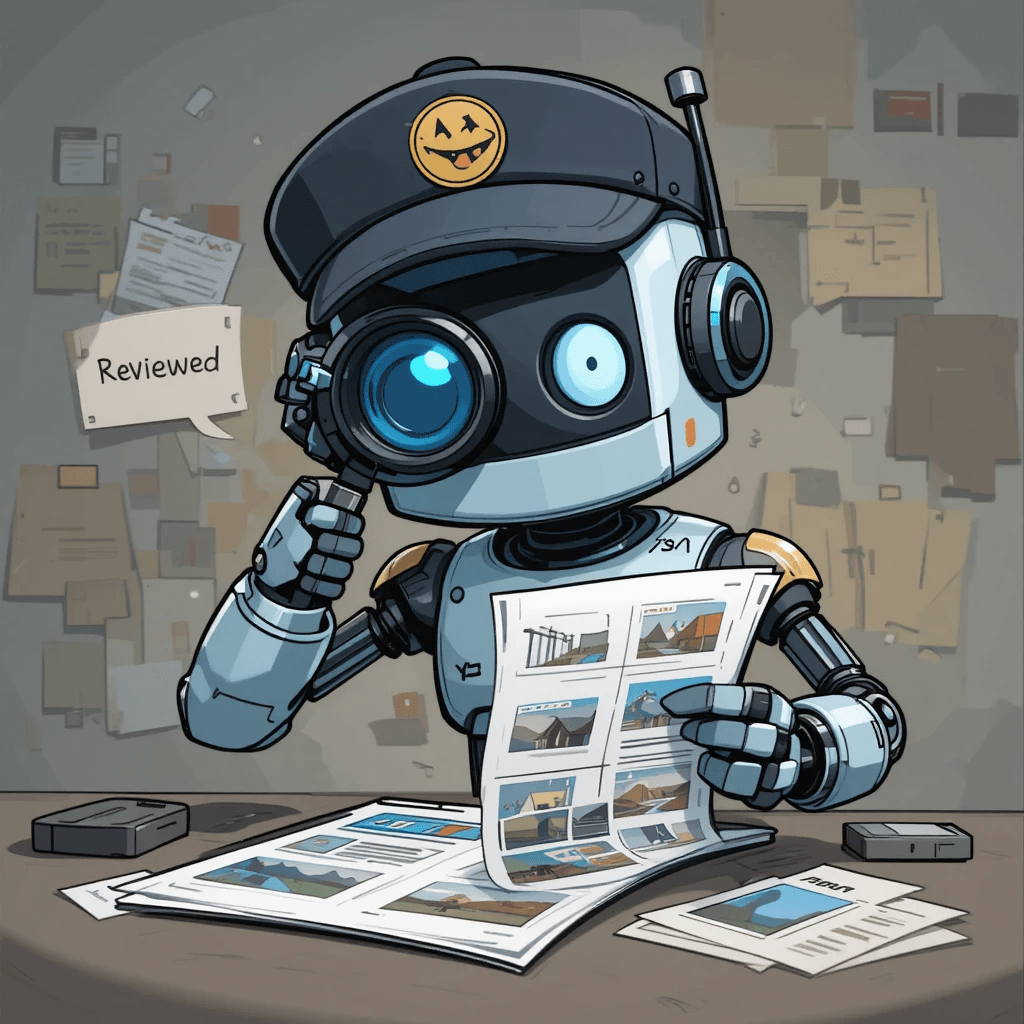 Cartoon AI robot reviewing files — AI tools for intelligent document sorting and content filtering.