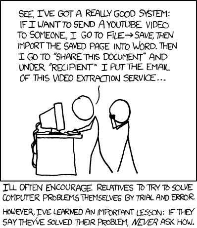 A comic of two stick figures at a computer. One explains their needlessly complex method for sharing a YouTube video by saving the page, importing it into Word, and emailing it through a document sharing tool. The caption warns: if someone says they solved their tech problem, never ask how.