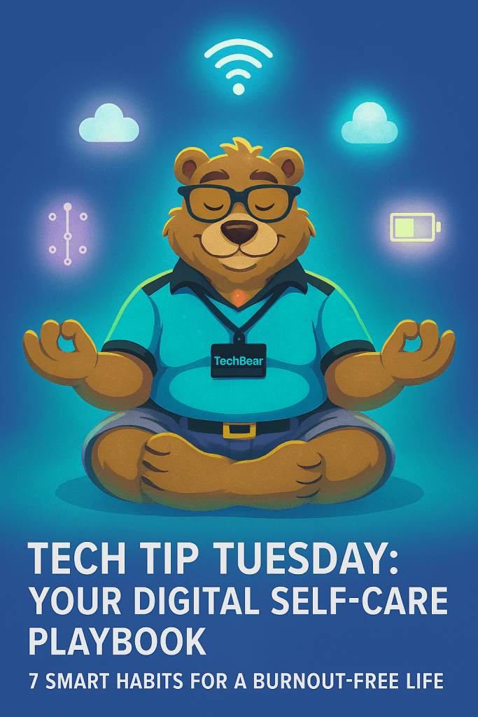 TechBear, a cartoon bear in a turquoise tech support shirt, sits peacefully in a lotus pose surrounded by softly glowing icons like a Wi-Fi signal, cloud, and battery—symbolizing digital self-care and calm technology use.