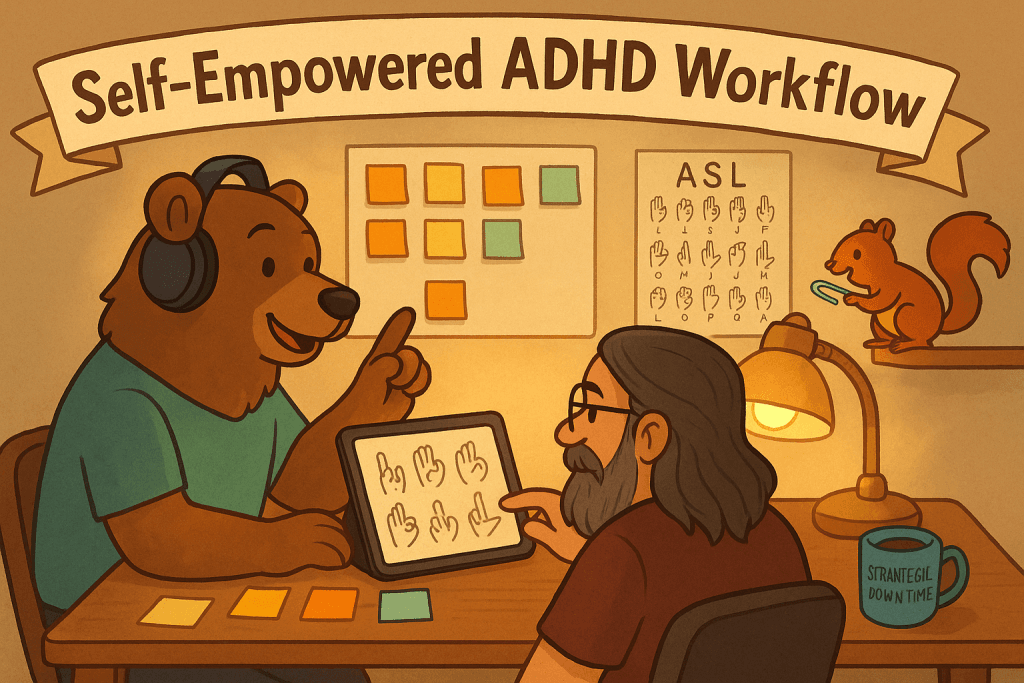 TechBear, a friendly brown bear in headphones and green shirt, sits at a wooden desk teaching ASL signs on a tablet to Jason, a bearded man with glasses. The cozy workspace features color-coded organization charts, an ASL reference poster, a Strategic Downtime mug, and warm ambient lighting, illustrating ADHD workflow optimization and neurodivergent productivity strategies.