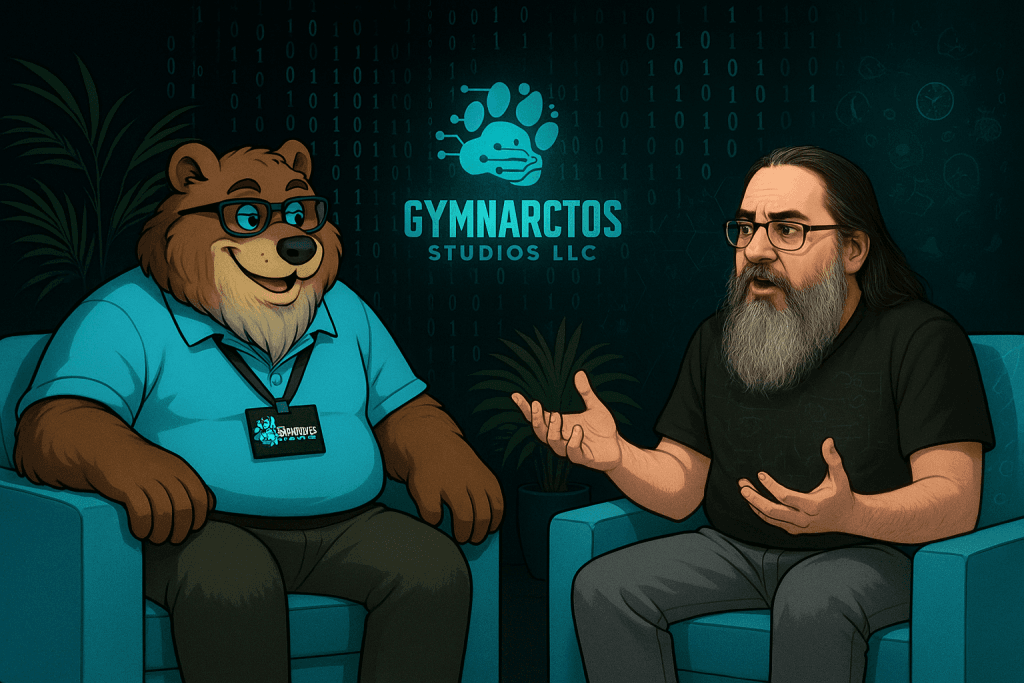 TechBear and Jason on a modern talk show set discussing ADHD and technology needs.