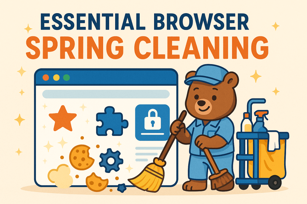 TechBear mascot sweeping out a computer browser window, with cookies and security icons, illustrating "Browser Spring Cleaning" and browser maintenance by clearing the cache and cookies.