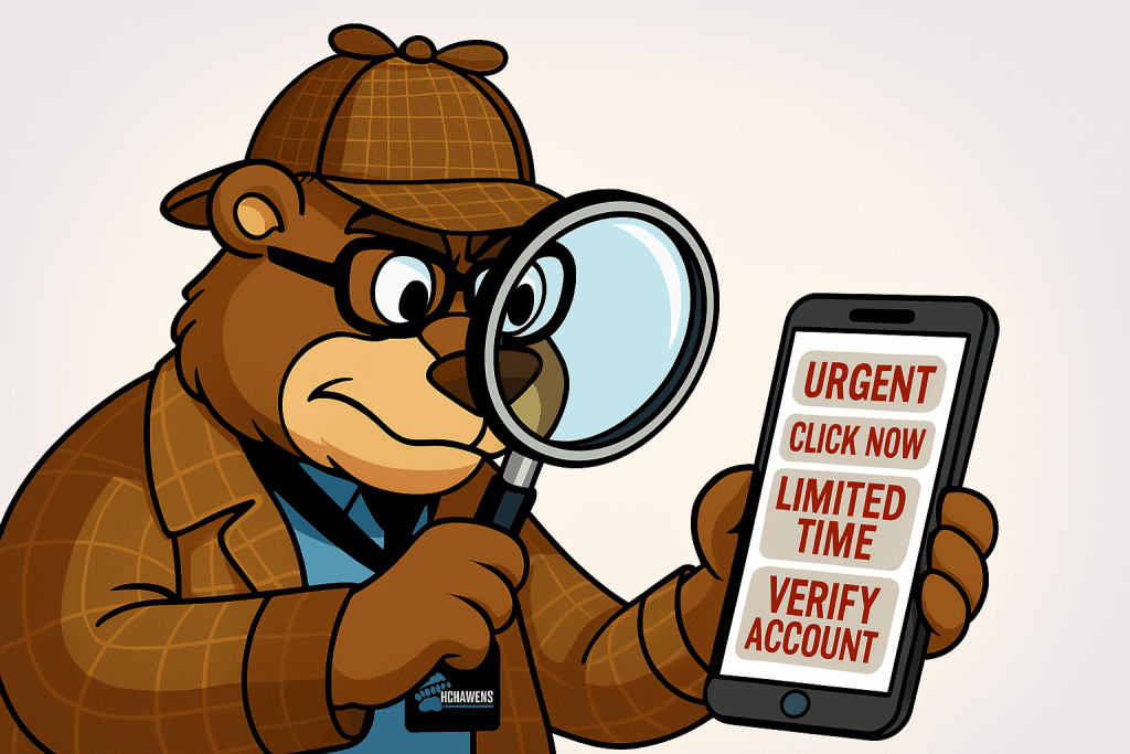 Techbear is dressed as Sherlock Holmes to investigate potential sms scams. He is looking at a phone screen with multiple 'red flag' keywords.
