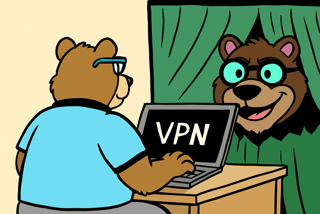 TechBear using a laptop displaying "VPN," with another bear peeking from behind a curtain, illustrating a virtual private network protecting online activity, perfect for an article answering "what is a VPN" and "do I actually need a VPN."