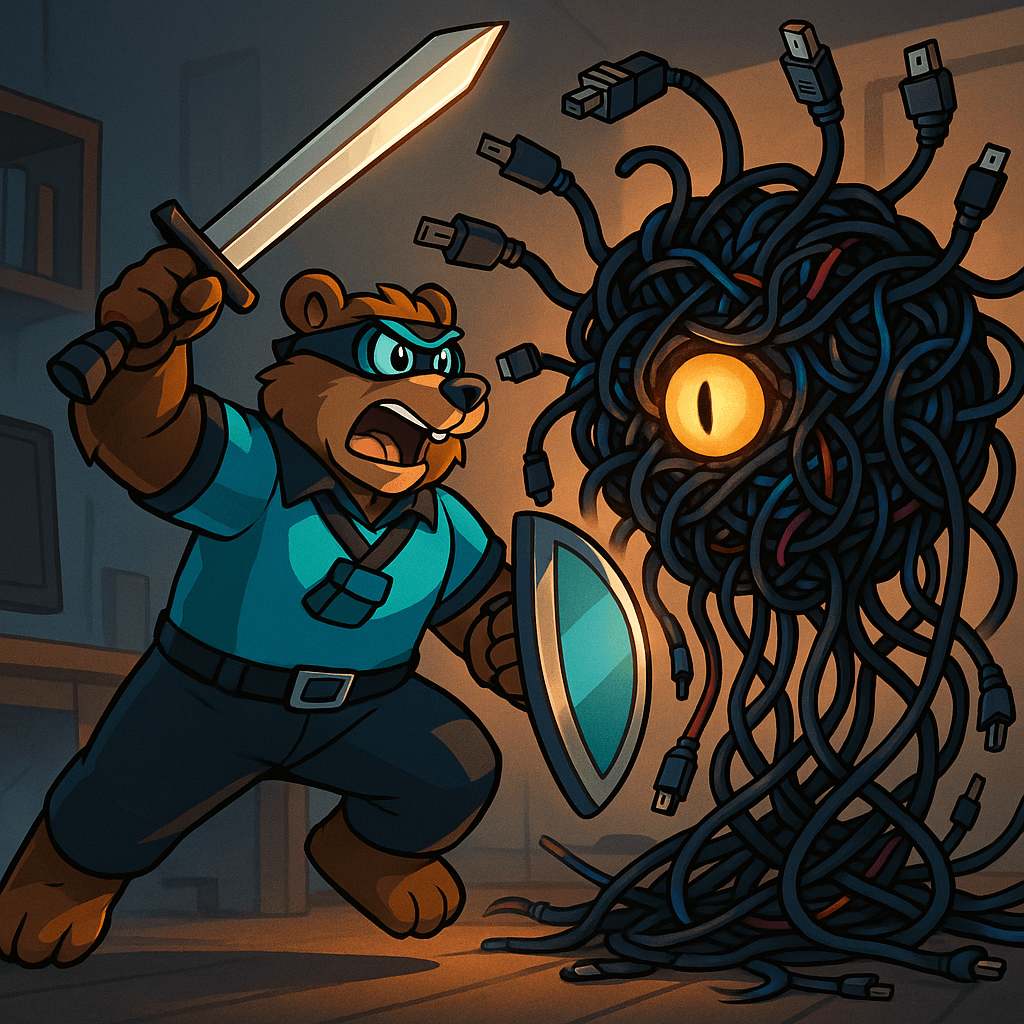 TechBear cartoon character wielding sword and shield facing giant cable management monster made of tangled computer cables and USB cords in home office setting - illustrating cable organization challenges and desk organization solutions for ADHD-friendly organizing