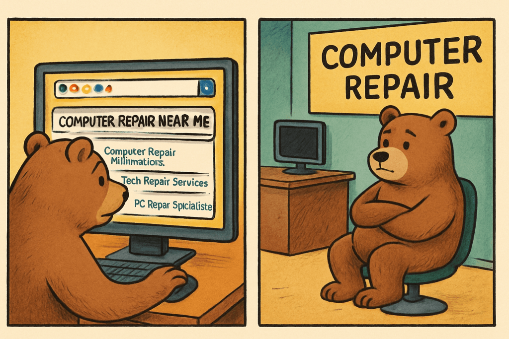 Comic case study showing the 'computer repair Minneapolis' search dilemma: Customer bear googles for tech support while TechBear waits in his repair shop, scratching his head about why his Google Business Profile isn't bringing folks through the door