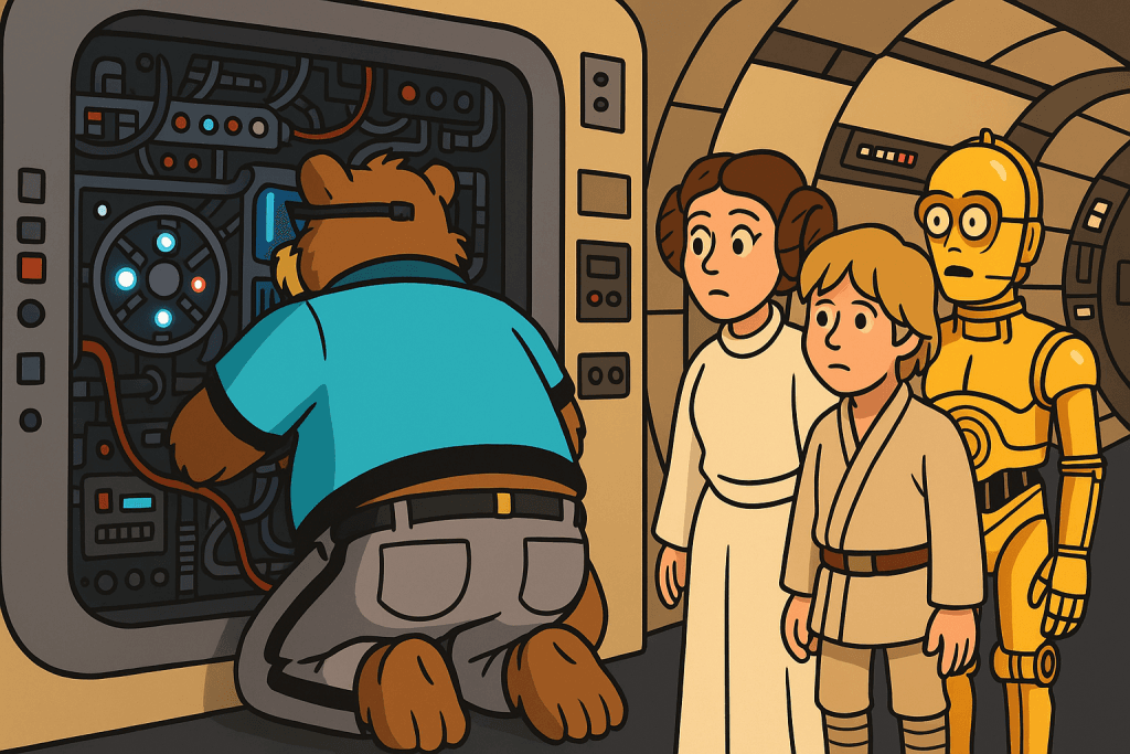 TechBear repairing a hyperdrive aboard a star freighter, diagnosing connectivity issues with a droid's help during a strange service call.